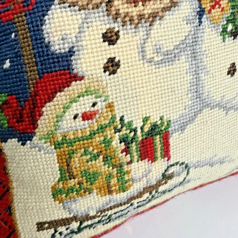Vtg‎ Wool Needlepoint Pillow Snowman Family Christmas Sled Birdhouse Velvet Back